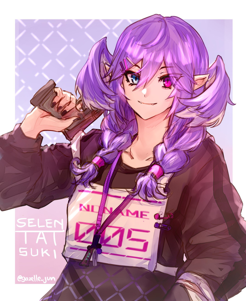 1girl, artist_name, black_sweater, blue_eyes, braid, collarbone, eyebrows_visible_through_hair, fangs, fangs_out, gazelle_jun, gun, hair_behind_ear, hair_ornament, hairclip, handgun, head_wings, highres, holding, holding_gun, holding_weapon, looking_at_viewer, nijisanji, nijisanji_en, pistol, pointy_ears, purple_hair, selen_tatsuki, smile, solo, sweater, twin_braids, twitter_username, upper_body, violet_eyes, virtual_youtuber, weapon