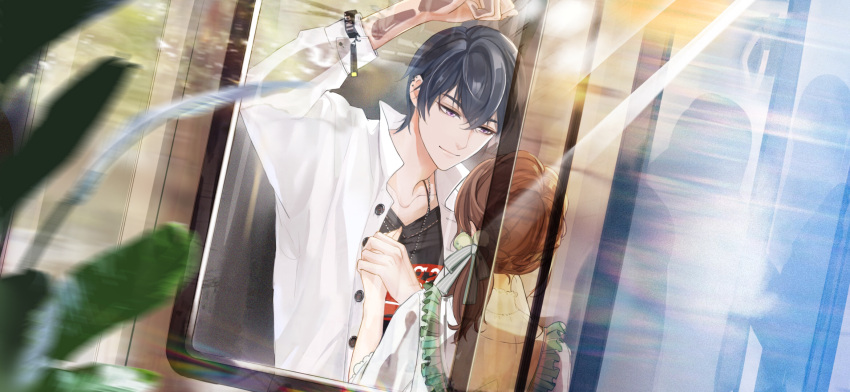 1boy, 1girl, back, bangs, black_shirt, brown_hair, closed_mouth, dress, frilled_dress, frills, ground_vehicle, highres, holding_hands, ichigatsuai, jacket, long_hair, long_sleeves, looking_at_another, marius_von_hagen_(tears_of_themis), purple_hair, rosa_(tears_of_themis), shirt, short_hair, side_ponytail, sleeves_past_elbows, smile, tears_of_themis, train, train_interior, violet_eyes, white_jacket, window