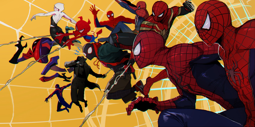 2girls, 6+boys, bodysuit, crossover, gwen_stacy, highres, marvel, marvel_cinematic_universe