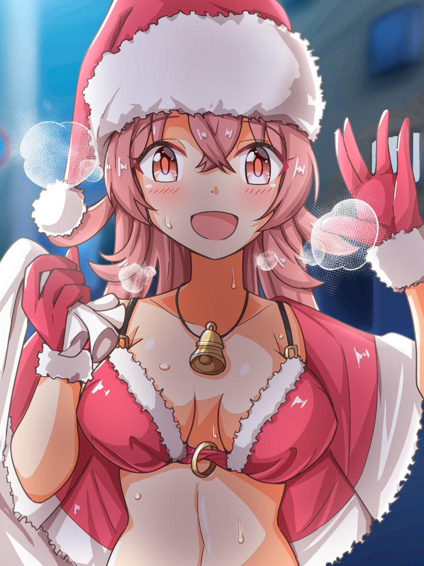1girl, :&amp;gt;, bell, blurry_background, blush, bra, cosplay, gloves