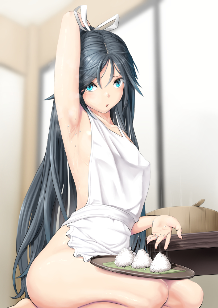 1girl, apron, arm_up, armpits, black_hair, blue_eyes, breasts, commission