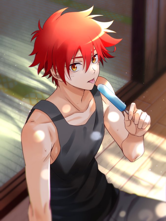 1boy, commentary_request, food, hair_between_eyes, ice_cream, kyan_reki, looking_at_viewer, male_focus, messy_hair, multiple_boys, orange_eyes, redhead, sana423, short_hair, sk8_the_infinity, tank_top, tongue, tongue_out