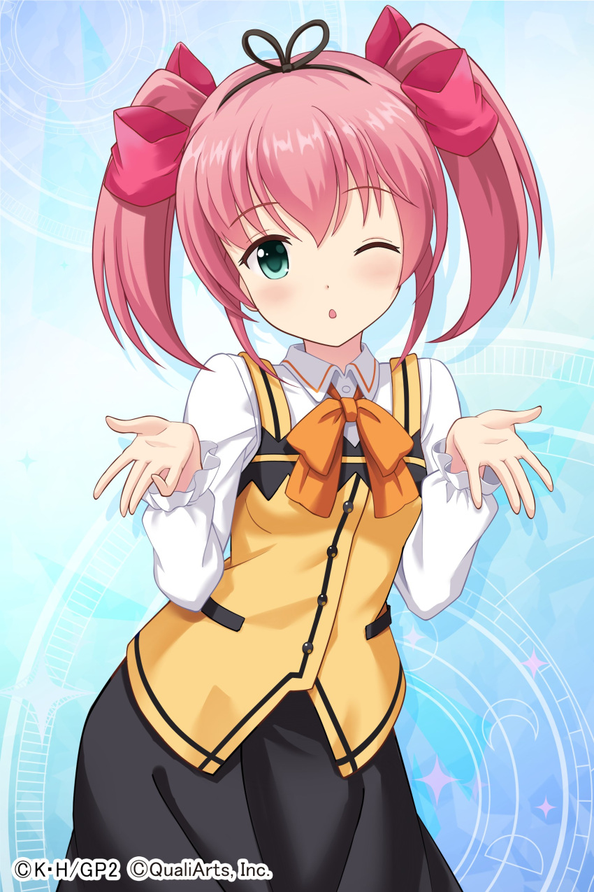 1girl, absurdres, alternative_girls, black_skirt, blouse, blush, bow, eyebrows_visible_through_hair