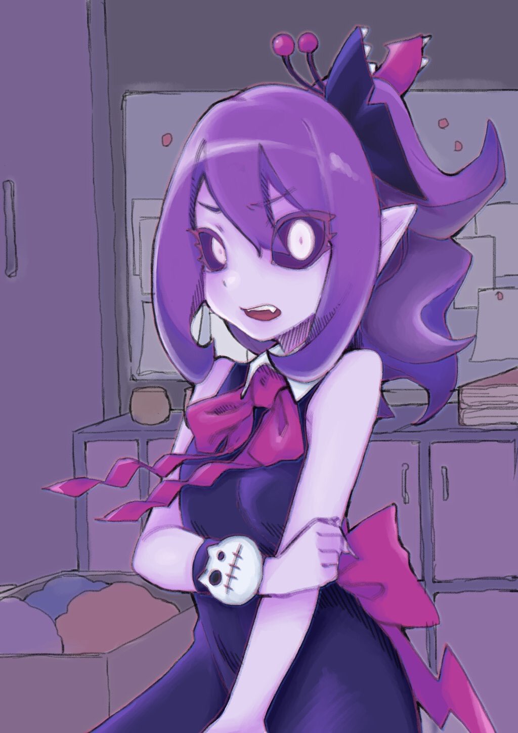 1girl, black_sclera, colored_sclera, colored_skin, demon_girl, dress, hair_ornament, highres