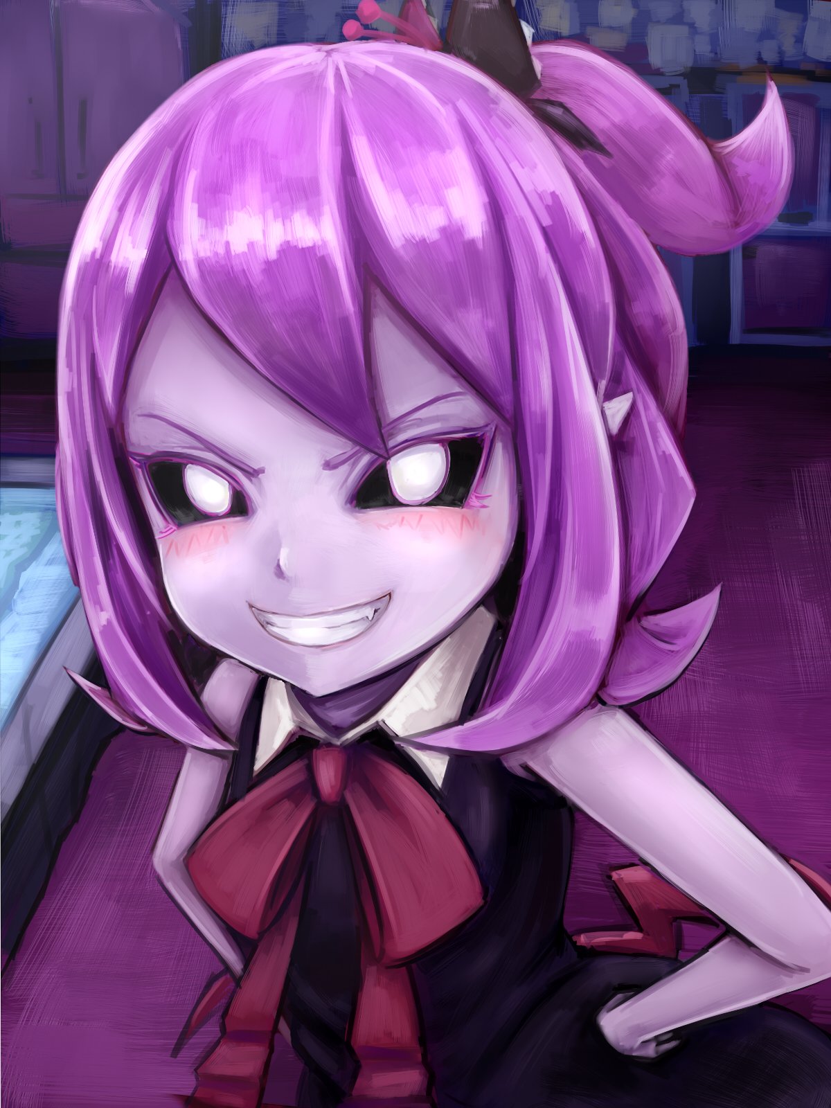 1girl, black_sclera, colored_sclera, colored_skin, demon_girl, dress, hair_ornament, highres