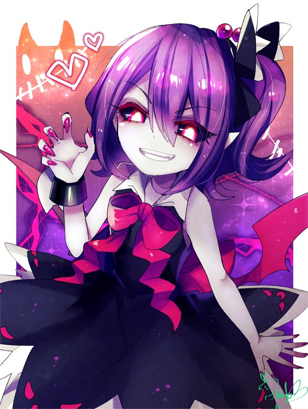 1girl, black_sclera, colored_sclera, colored_skin, demon_girl, dress, fua_yuu, hair_ornament