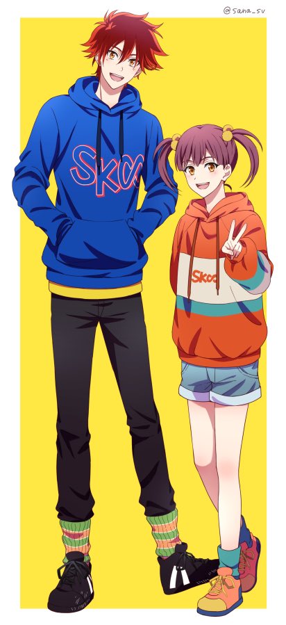 1boy, 1girl, hair_between_eyes, headband, hood, hoodie, kyan_reki, looking_at_viewer