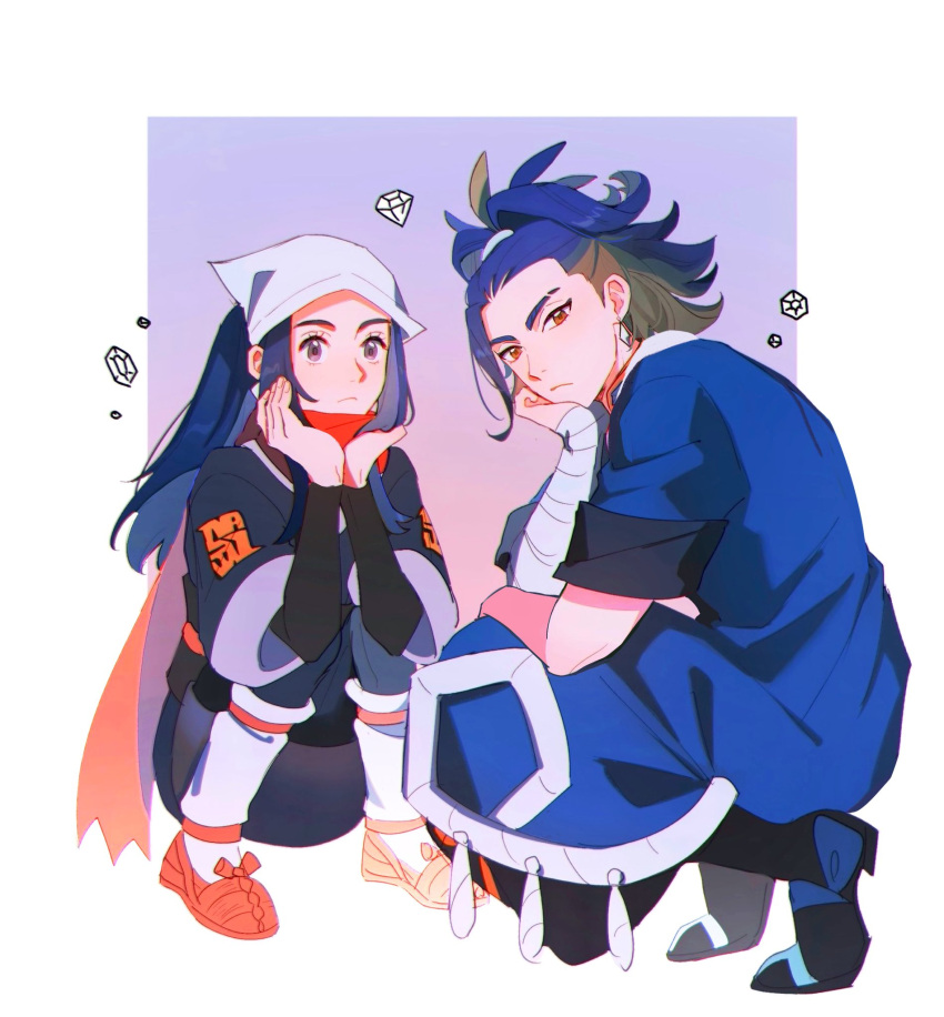 1boy, 1girl, adaman_(pokemon), akari_(pokemon), arm_wrap, black_undershirt, blue_coat, blue_hair, brown_footwear, closed_mouth, coat, commentary, earrings, eyelashes, frown, hands_up, head_rest, head_scarf, highres, jacket, jewelry, long_hair, loose_socks, multicolored_hair, oratoza, pokemon, pokemon_(game), pokemon_legends:_arceus, ponytail, scarf, shoes, sidelocks, squatting, undershirt, white_headwear