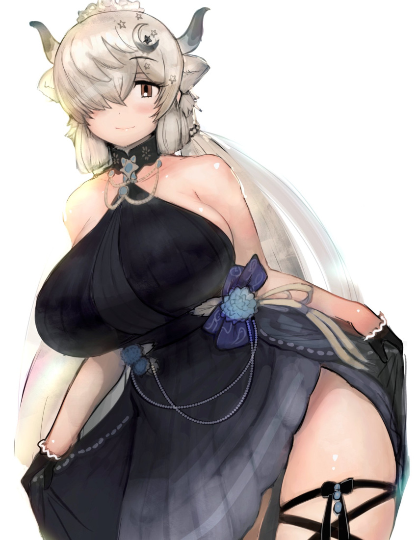 1girl, alternate_costume, animal_ears, bangs, bare_arms, bare_shoulders, black_dress, black_horns