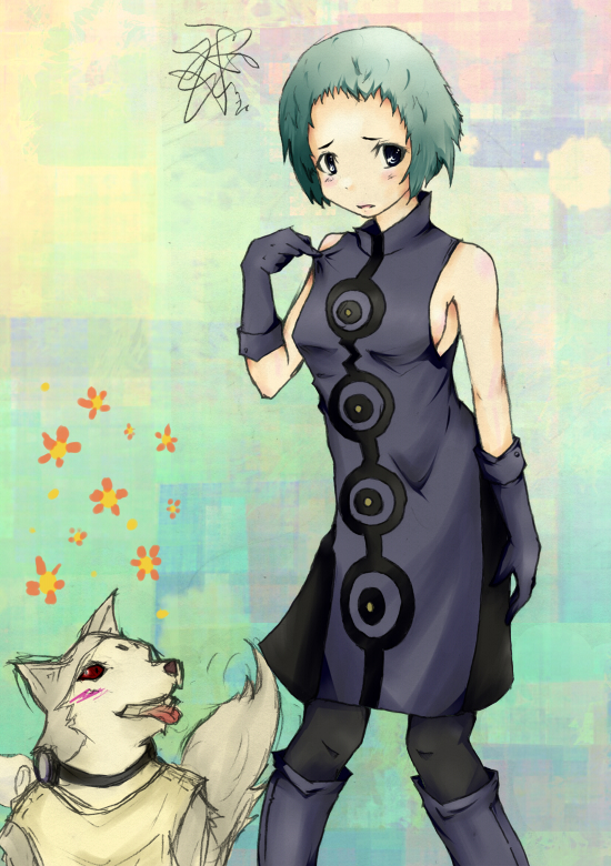 boots, cosplay, dog, elizabeth_(cosplay), elizabeth_(persona), hatsumi_(kay522), koromaru, pantyhose