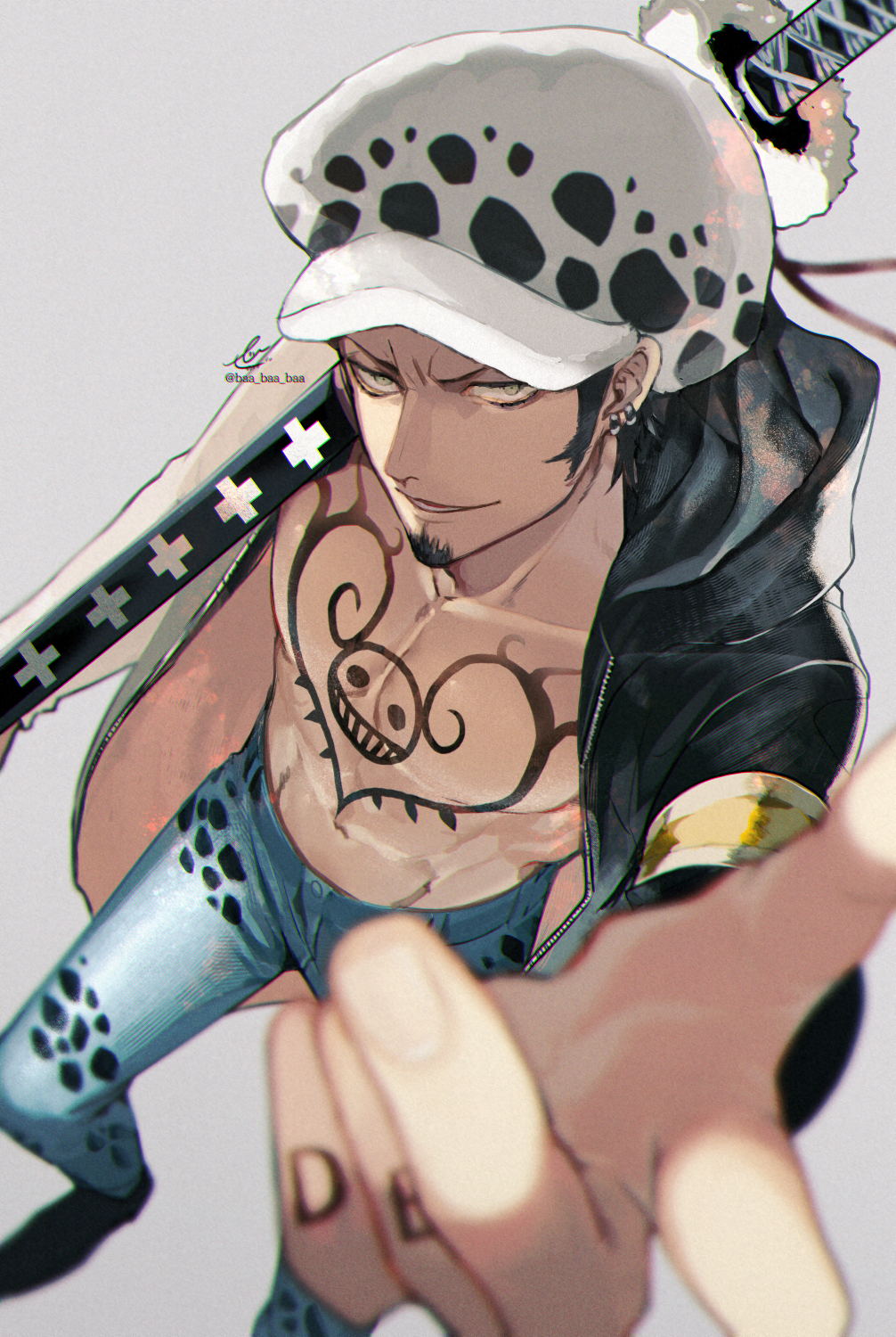 1boy, abs, areolae, arm_up, bare_pectorals, black_hair, blurry, blurry_foreground