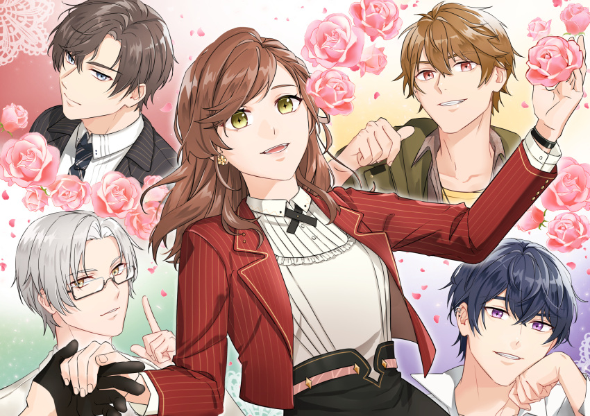 1girl, 4boys, :d, artem_wing_(tears_of_themis), bangs, black_gloves, black_jacket, black_necktie