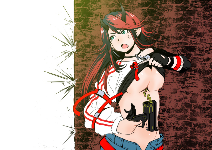 1girl, absurdres, arm_strap, bangs, belt, bikini, bikini_lift, bikini_top