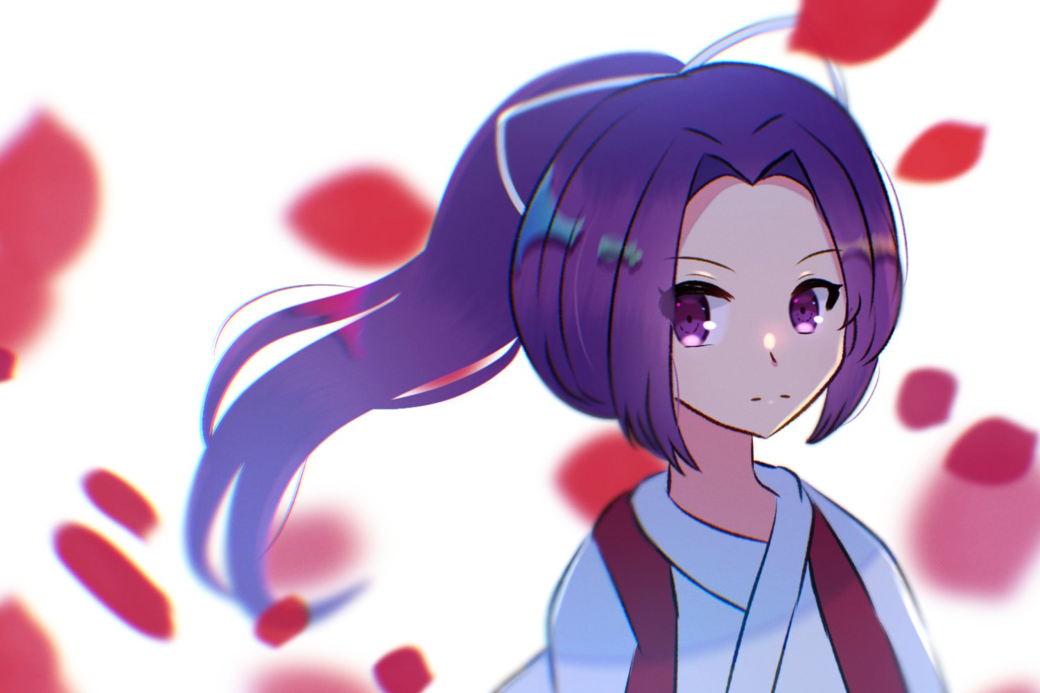 1girl, bangs, closed_mouth, esist_hourai, forehead, japanese_clothes, kimono, long_hair, meira_(touhou), parted_bangs, ponytail, purple_hair, ribbon, touhou, touhou_(pc-98), upper_body, violet_eyes, white_ribbon