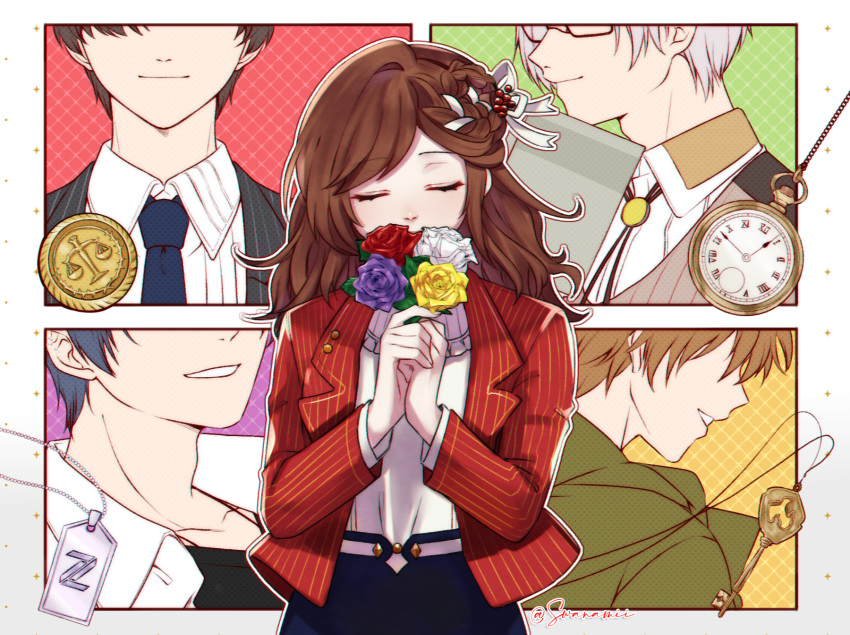 1girl, 4boys, artem_wing_(tears_of_themis), bangs, black_jacket, black_necktie, black_shirt, black_skirt
