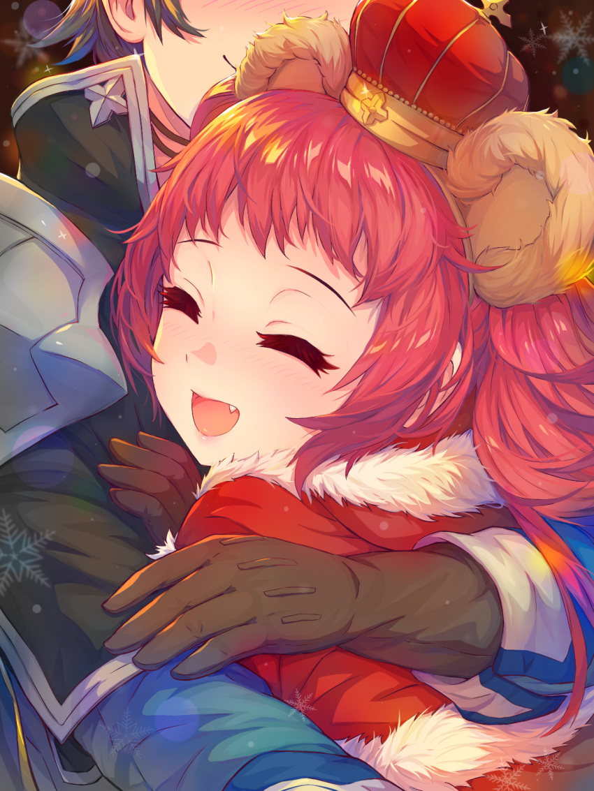 1boy, 1girl, :d, animal_ears, armor, ayane_(princess_connect!), bangs, blue_jacket