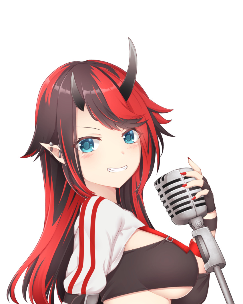 1girl, arm_strap, bangs, bikini, bikini_top, black_bikini, black_hair, blue_eyes, blush, breasts, commentary_request, compression_sleeve, demon_girl, demon_horns, ear_piercing, eyebrows_visible_through_hair, grin, highres, holding, holding_microphone, horns, jacket, large_breasts, long_hair, looking_at_viewer, looking_to_the_side, microphone, multicolored_hair, nail_polish, official_alternate_costume, piercing, pointy_ears, red_nails, redhead, rin_(0917608), ryugasaki_rene, shrug_(clothing), simple_background, smile, solo, striped, striped_jacket, sugar_lyric, swimsuit, transparent_background, two-tone_hair, under_boob, upper_body, virtual_youtuber, white_jacket