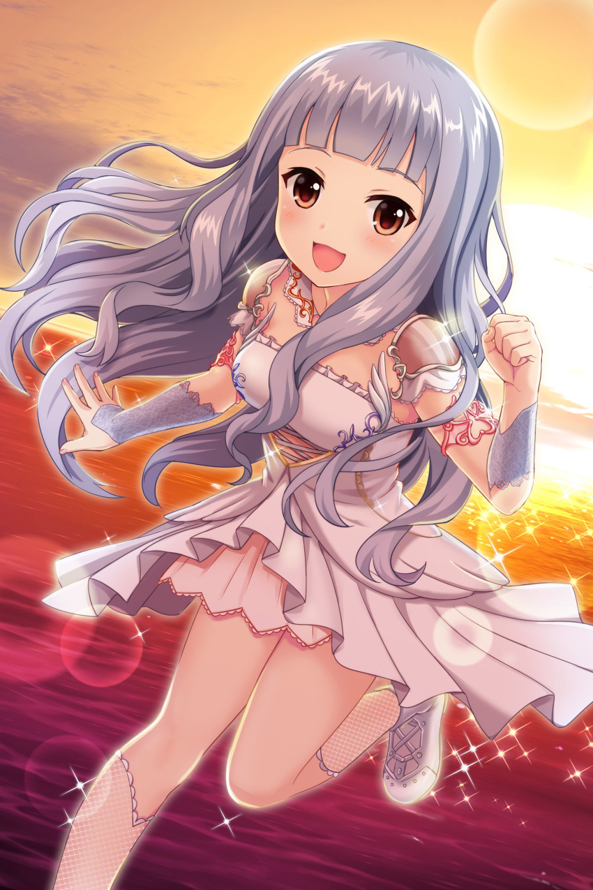 1girl, absurdres, alternative_girls, armor, artist_request, clenched_hand, dress, eyebrows_visible_through_hair, fishnet_legwear, fishnets, highres, hiiragi_tsumugi, long_hair, looking_at_viewer, ocean, official_art, open_hand, open_mouth, pauldrons, shoulder_armor, silver_hair, smile, solo, sun, sunlight, sunset, white_dress, white_footwear