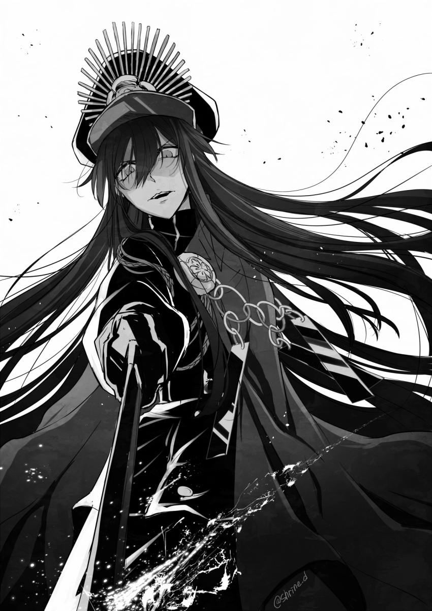 1girl, black_hair, cape, family_crest, fate/grand_order, fate_(series), greyscale, hat