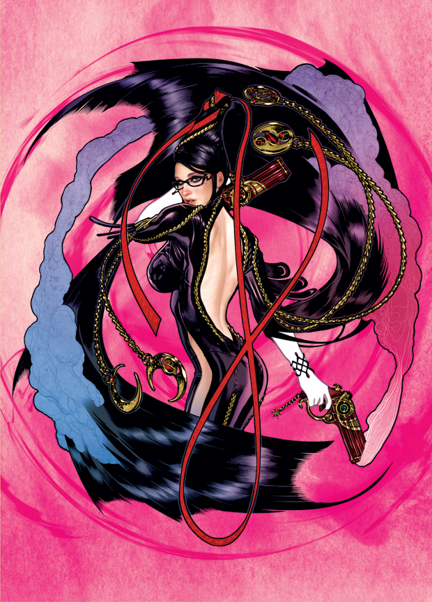 adam_hughes, ass, back, backless, bare_back, bayonetta, bayonetta_(character), black_hair, blue_eyes, bodysuit, breasts, dual_wielding, elbow_gloves, glasses, gloves, gun, hair_bun, hair_ornament, hair_ribbon, large_breasts, long_hair, looking_back, mole, ribbon, smoke, smoking_gun, solo, very_long_hair, weapon