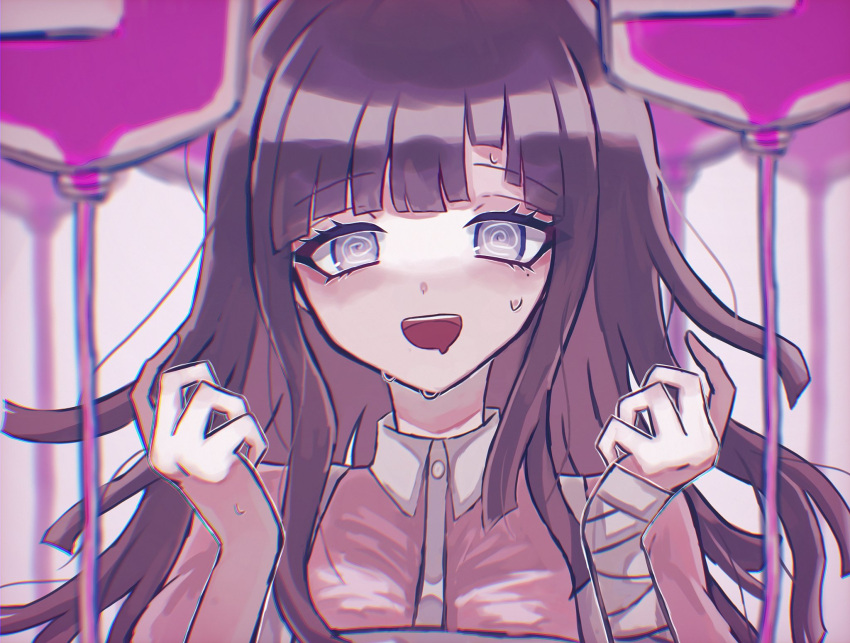 1girl, :d, apron, bandaged_arm, bandages, bangs, blood, blood_bag, brown_hair, collared_shirt, commentary_request, crazy_eyes, danganronpa_(series), danganronpa_2:_goodbye_despair, donburi_(minami_don), eyebrows_visible_through_hair, grey_background, hand_up, hands_up, highres, long_hair, looking_at_viewer, mole, mole_under_eye, pink_shirt, shiny, shiny_hair, shirt, smile, solo, sweat, teeth, tsumiki_mikan, upper_teeth, violet_eyes