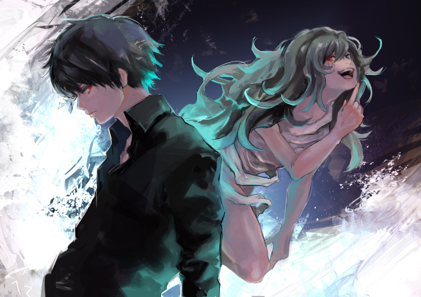 1boy, 1girl, :d, absurdres, bandages, bangs, black_background, black_reaper