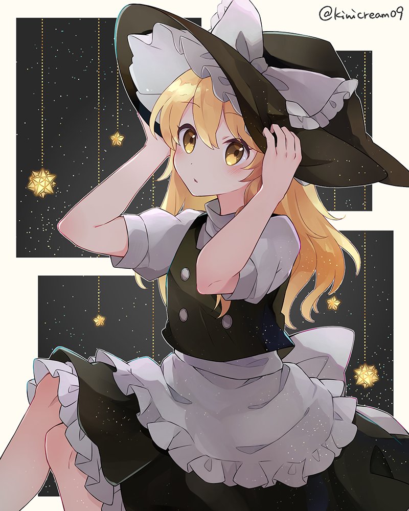 1girl, black_dress, black_headwear, blonde_hair, blush, bow, braid, dress, eyebrows_visible_through_hair, frilled_dress, frills, hair_between_eyes, hat, hat_bow, kirisame_marisa, kiwicream09, long_hair, parted_lips, puffy_short_sleeves, puffy_sleeves, short_sleeves, single_braid, solo, touhou, twitter_username, white_bow, witch_hat, yellow_eyes