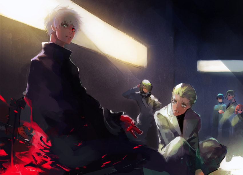1girl, 5boys, bangs, black_cloak, blonde_hair, brown_hair, cloak, closed_mouth, colored_skin, formal, gradient, gradient_background, grey_eyes, grey_jacket, grey_pants, hair_over_one_eye, hand_in_hair, hand_up, heterochromia, highres, hooguro, idera_shousei, jacket, kaneki_ken, kusakari_miza, kyuuba_melo, long_sleeves, multiple_boys, naki_(tokyo_ghoul), pants, red_eyes, red_skin, short_hair, smile, squatting, suit, tokyo_ghoul, tokyo_ghoul:re, tsukiyama_shuu