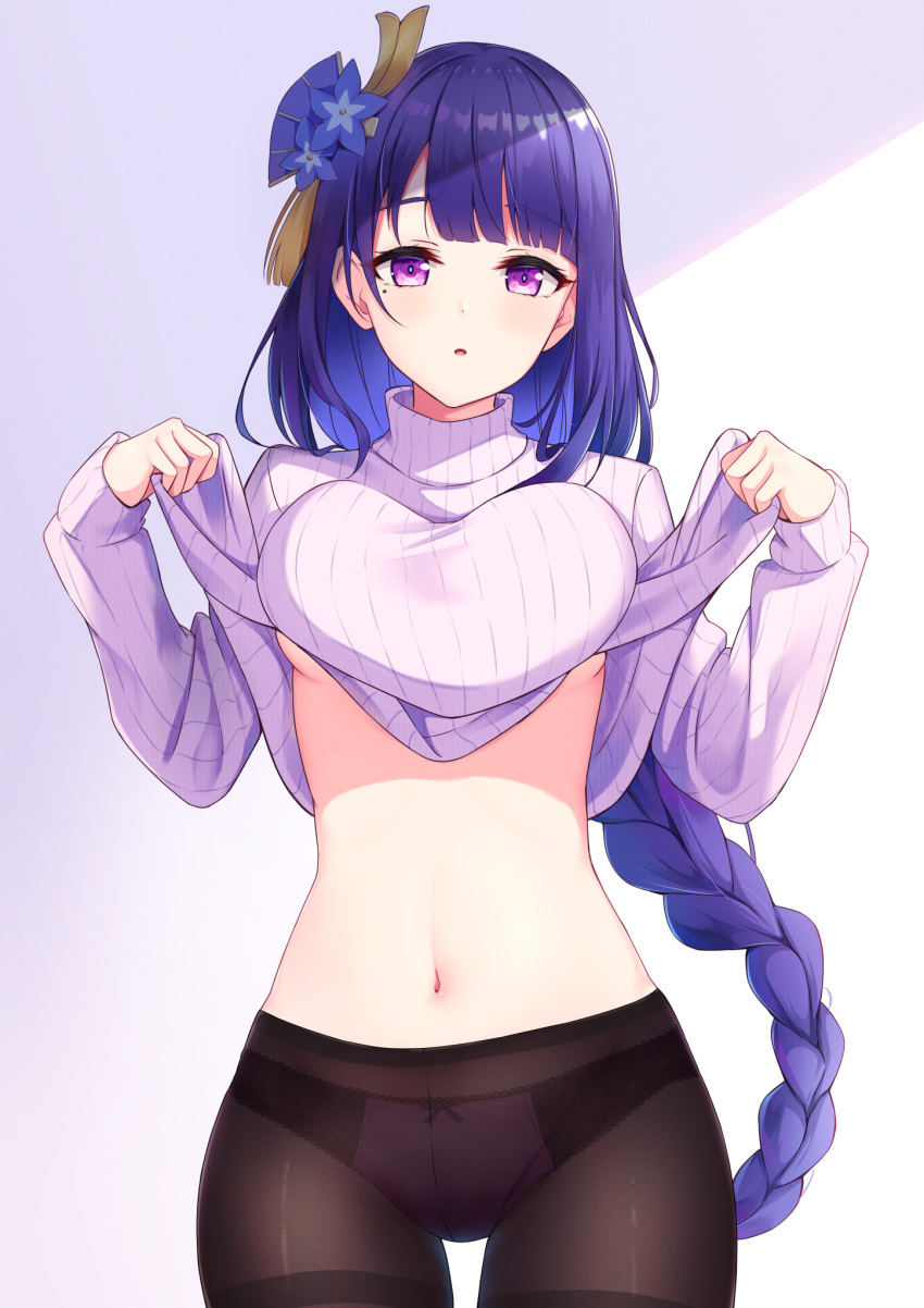 1girl, alternate_costume, black_legwear, braid, breasts, casual, clothes_lift, cowboy_shot