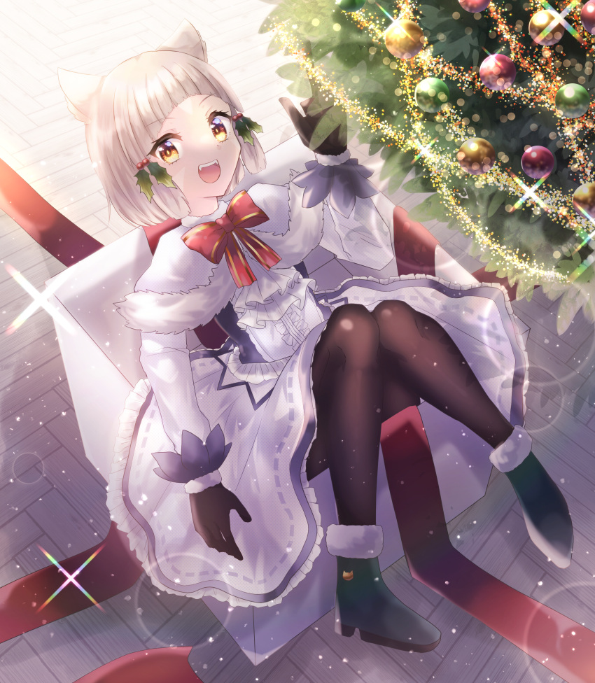 absurdres, alternate_costume, amanoru_mozuku, animal_ears, bangs, blunt_bangs, cat_ears, christmas, christmas_lights, christmas_ornaments, christmas_tree, dress, facial_mark, highres, nia_(xenoblade), pantyhose, pine_tree, ribbon, short_hair, silver_hair, tree, xenoblade_chronicles_(series), xenoblade_chronicles_2, yellow_eyes