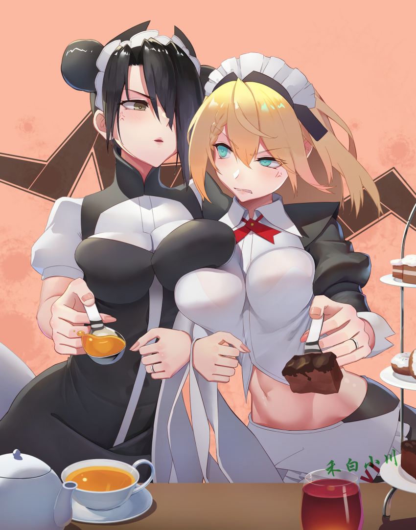 2girls, absurdres, agent_(girls'_frontline), anger_vein, black_hair, blonde_hair, blue_eyes, breast_press
