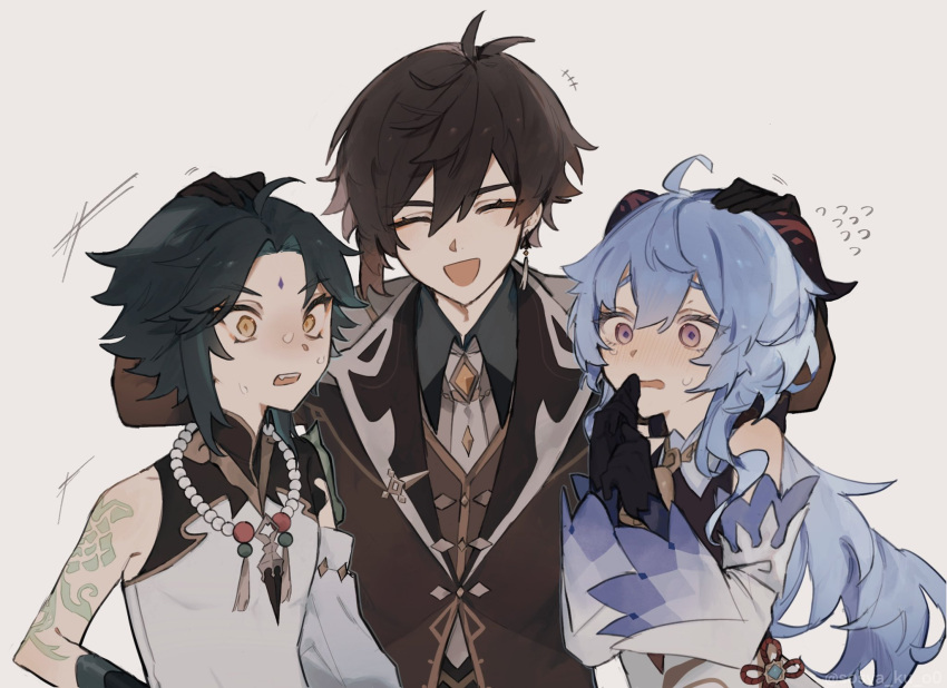 1girl, 2boys, ahoge, arm_guards, arm_tattoo, bangs, bare_shoulders, bead_necklace