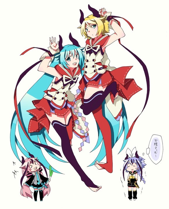 >_<, +++, 2girls, 2others, aqua_eyes, aqua_hair, aqua_necktie, arm_up