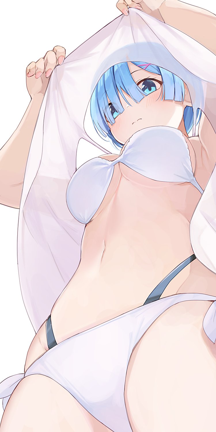 1girl, armpits, bangs, bikini, blue_eyes, blue_hair, blunt_bangs, breasts