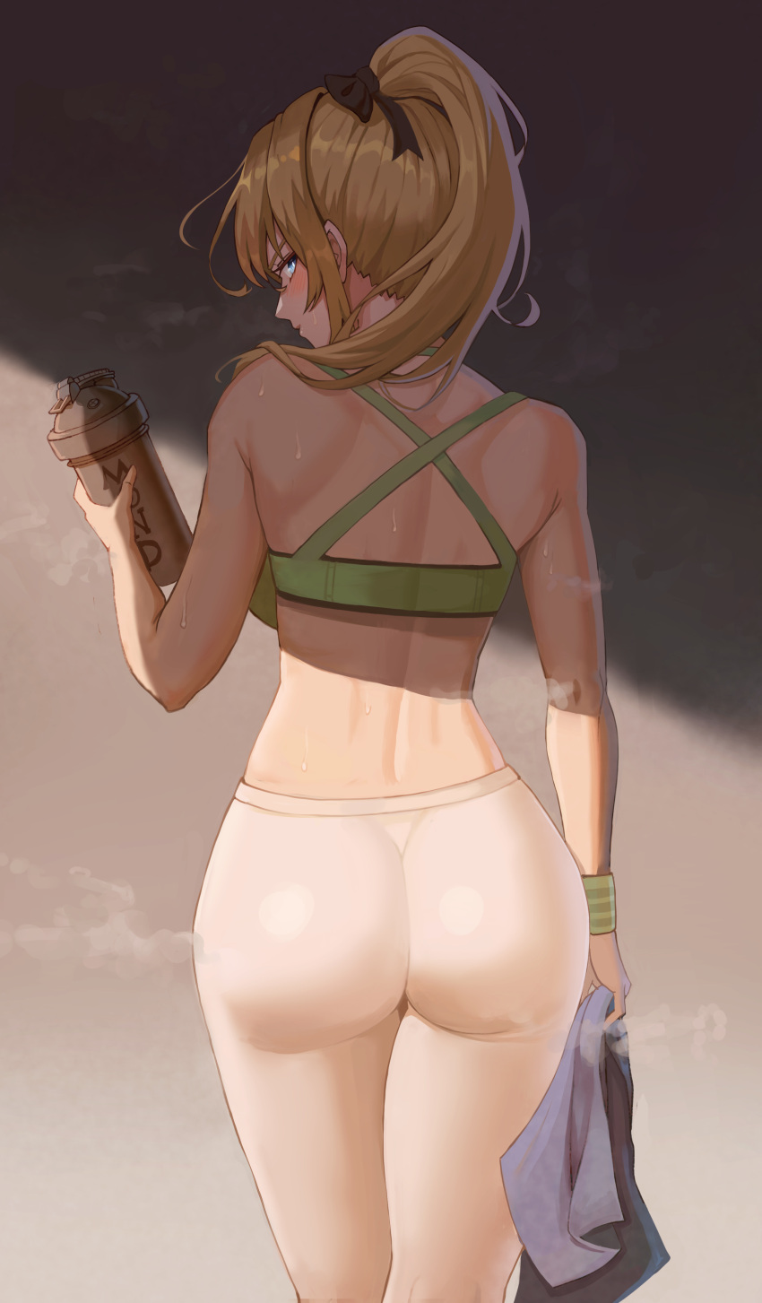 1girl, absurdres, alternate_costume, arm_at_side, arm_up, ass, ass_focus, back