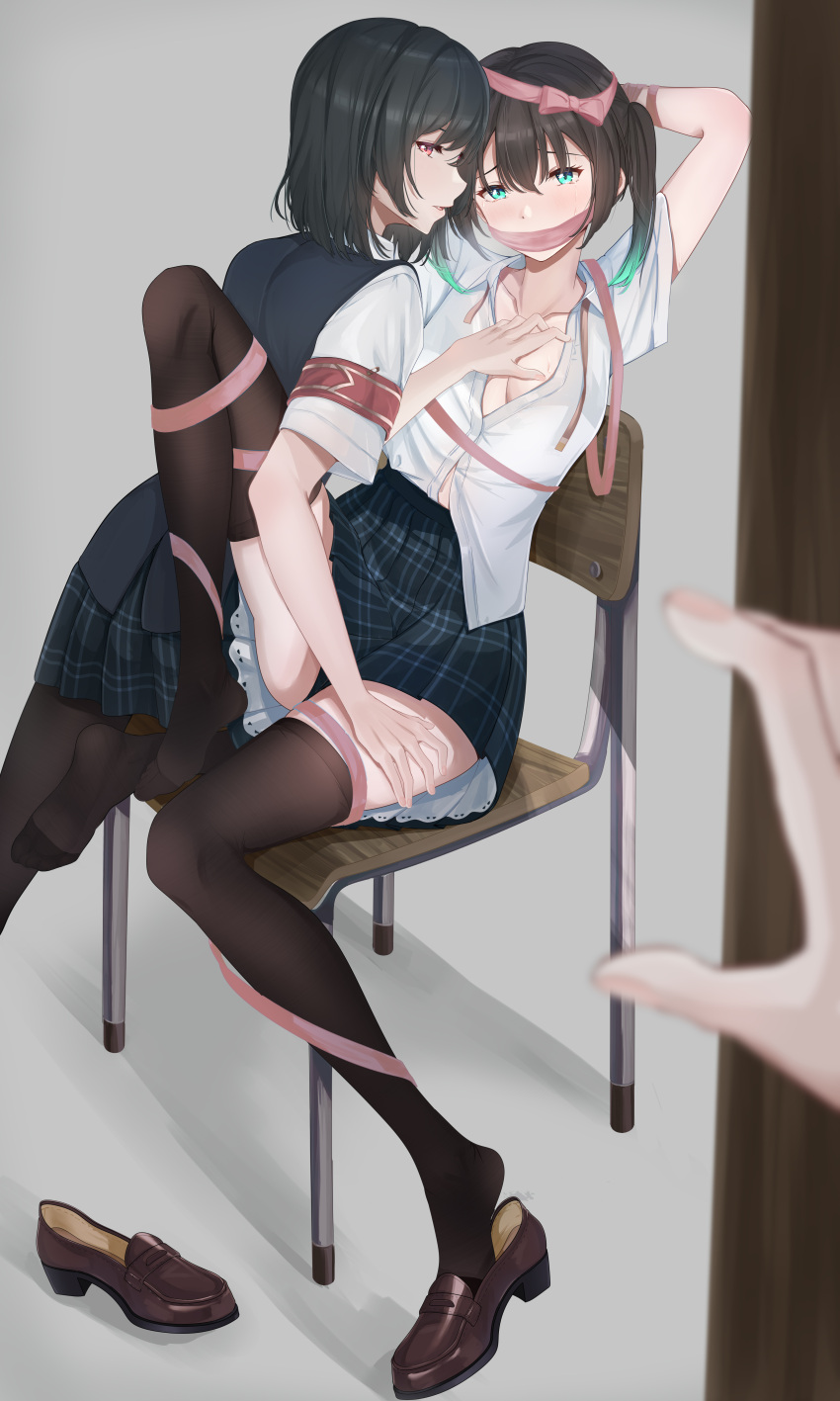 3girls, absurdres, armband, azusa_zilu, bangs, black_hair, black_legwear, dark_green_hair