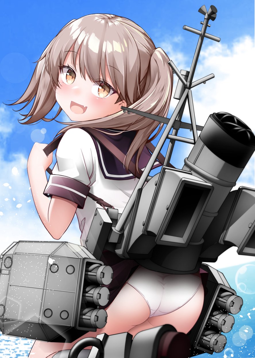 1girl, accidental_exposure, ass, ayanami_(kancolle), ayanami_(kancolle)_(cosplay), black_sailor_collar, black_skirt, blue_sky