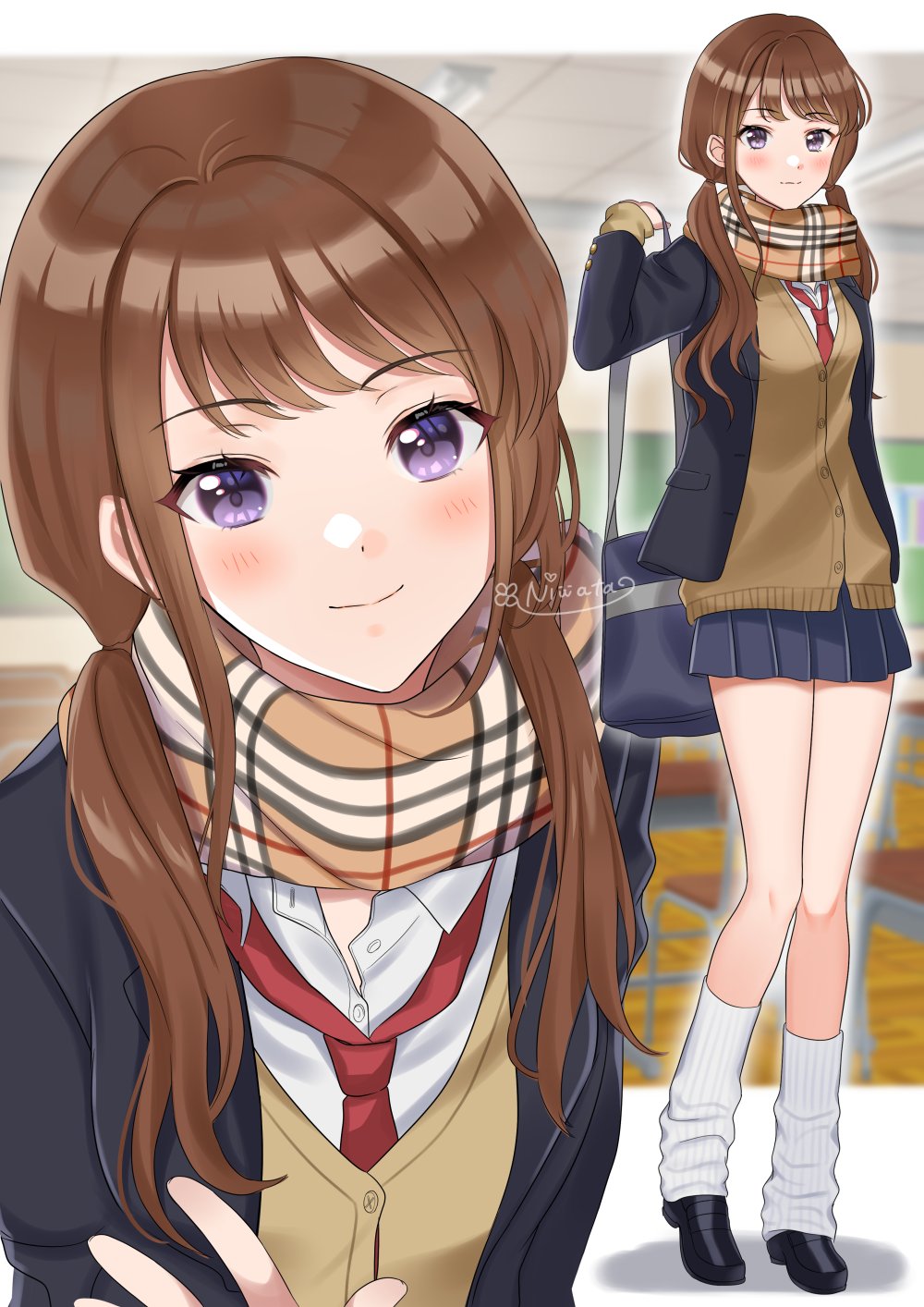 1girl, bag, bangs, blush, braid, brown_hair, chair, classroom