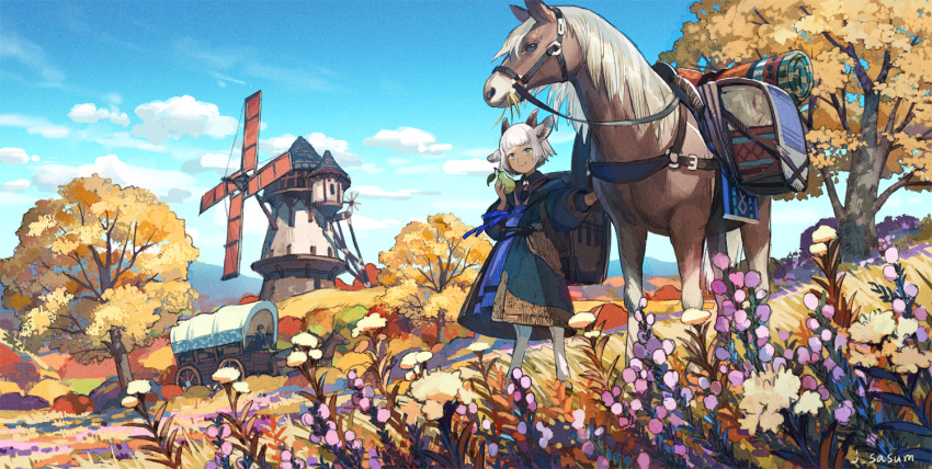 1girl, 1other, animal_ears, backpack, bag, bangs, blue_dress, blue_ribbon