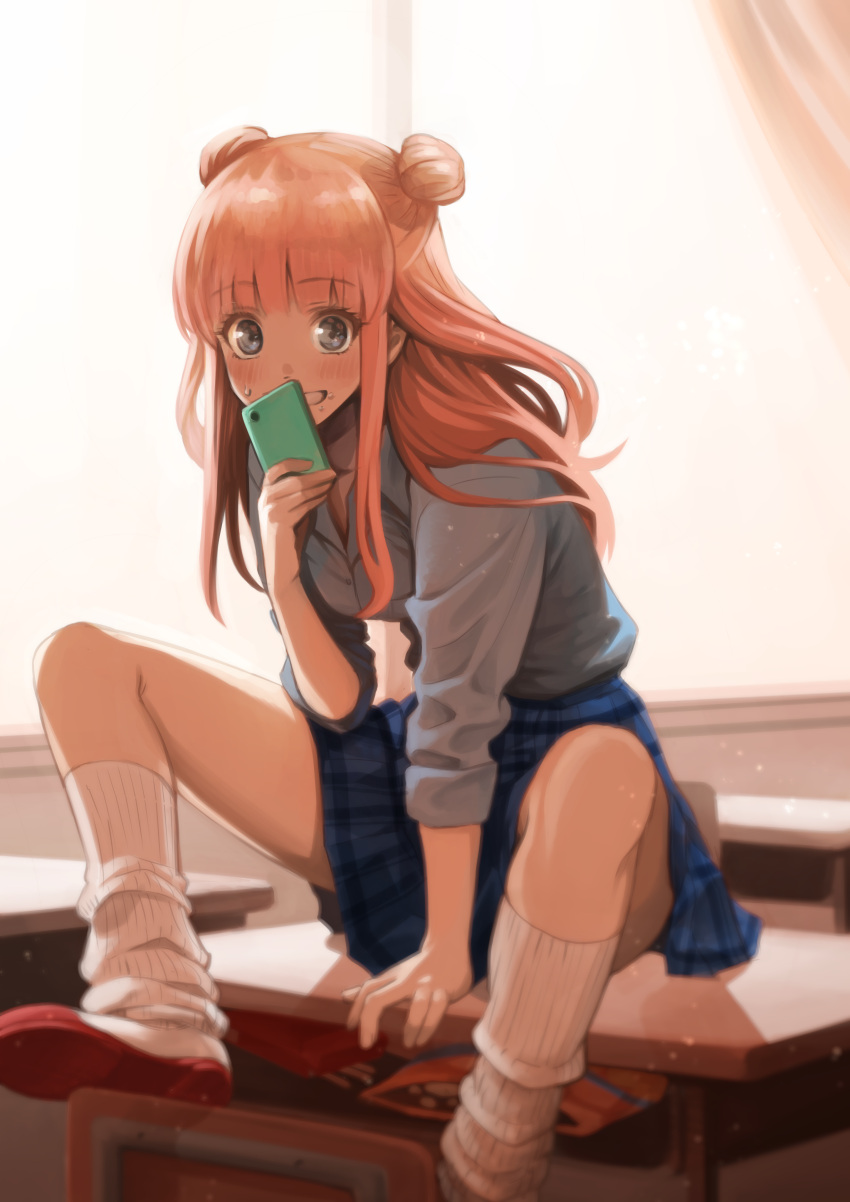 1girl, absurdres, blue_skirt, cellphone, chair, classroom, copyright_request, desk