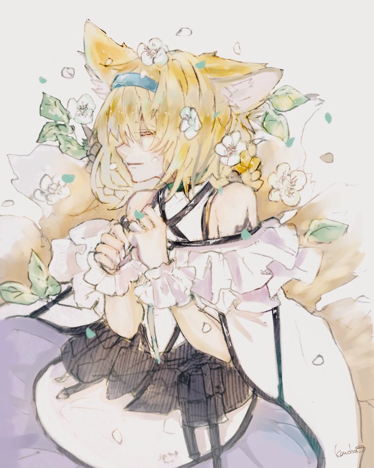 1girl, animal_ears, arknights, bangs, bare_shoulders, closed_eyes, dress, flower, fox_ears, fox_girl, fox_tail, frilled_dress, frills, hairband, hanato_koucha, multiple_tails, oripathy_lesion_(arknights), parted_lips, solo, suzuran_(arknights), tail