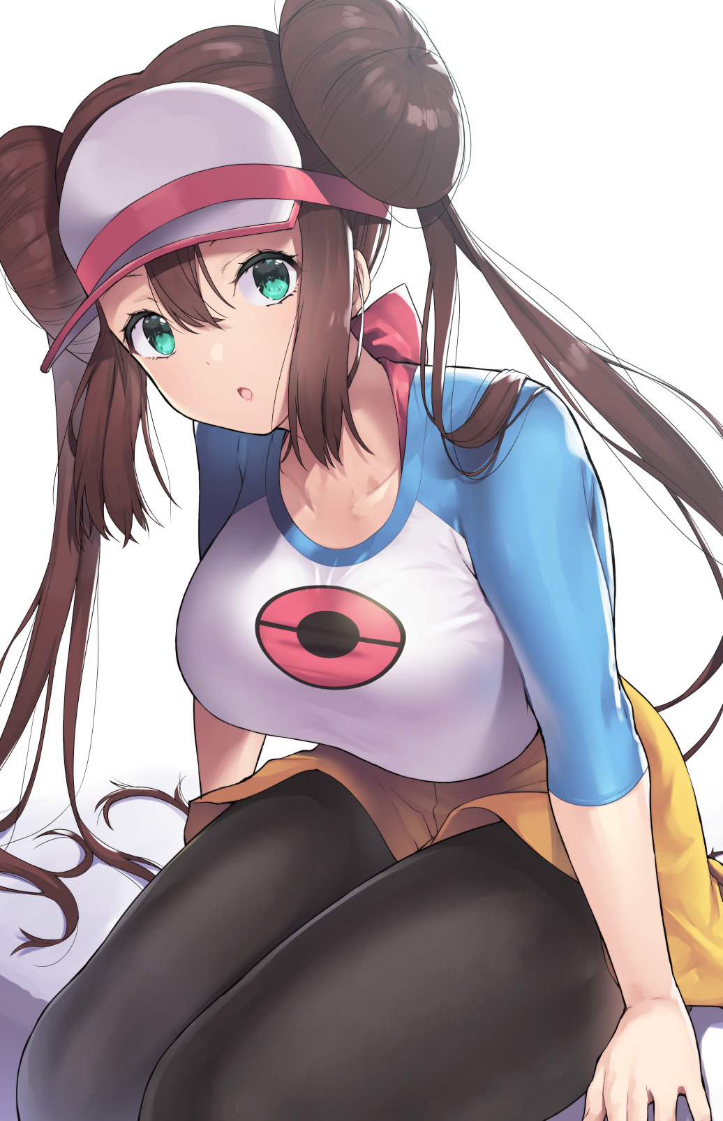 1girl, :o, bangs, black_legwear, blush, breasts, collarbone, double_bun
