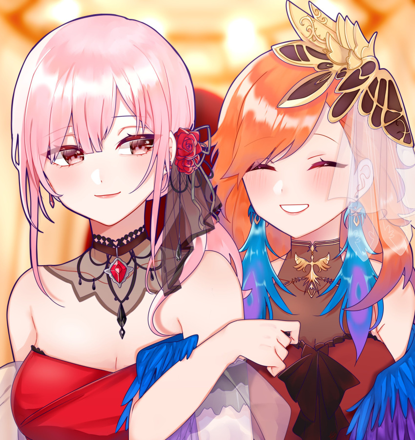 2girls, absurdres, bangs, bare_shoulders, blush, closed_eyes, couple, dress, earrings, feather_earrings, feathers, flower, gradient_hair, highres, hololive, hololive_english, jewelry, locked_arms, long_hair, mori_calliope, multicolored_hair, multiple_girls, official_alternate_costume, orange_hair, pink_hair, red_dress, red_eyes, rose, side-by-side, sleeveless, sleeveless_dress, smile, takanashi_kiara, tera_(trs82341711), virtual_youtuber, yuri