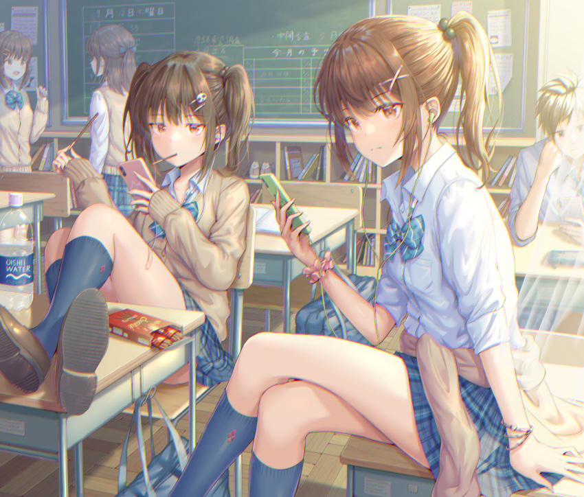 1boy, 4girls, bag, bangs, beige_sweater, blue_bow, blue_legwear, blue_skirt