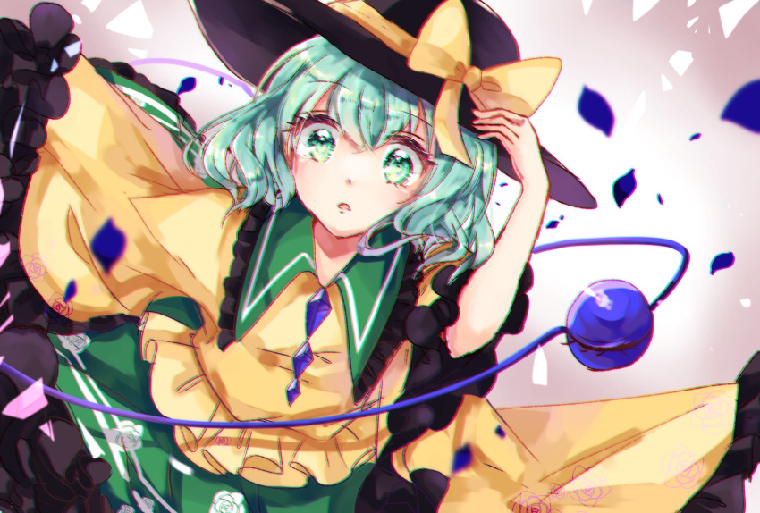 1girl, aqua_eyes, aqua_hair, black_headwear, blouse, buttons, chromatic_aberration, collared_blouse