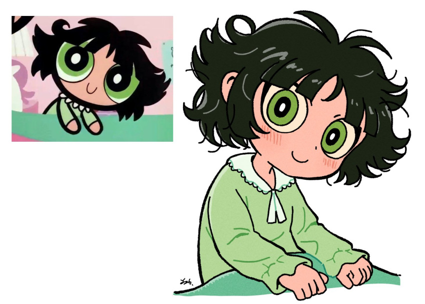 1girl, bangs, black_hair, bright_pupils, buttercup_(ppg), buttercup_redraw_challenge, closed_mouth, green_eyes