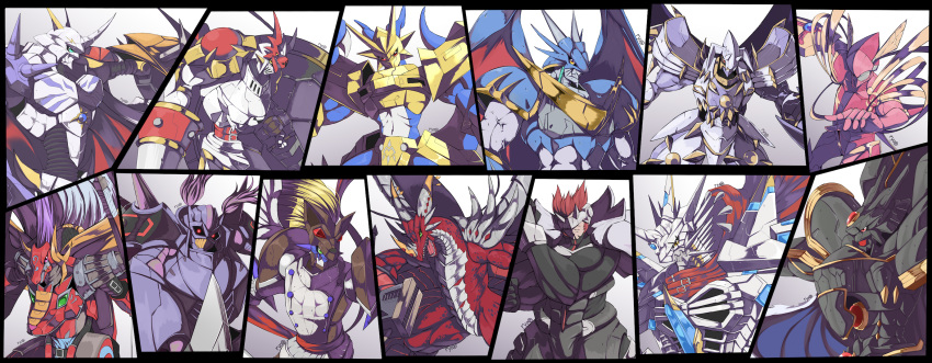 alphamon, armor, artist_name, black_border, blonde_hair, blue_eyes, border, brown_hair