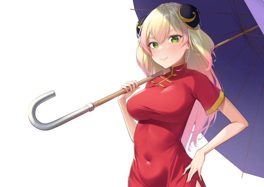 1girl, bangs, blonde_hair, blush, bun_cover, china_dress, chinese_clothes, closed_mouth