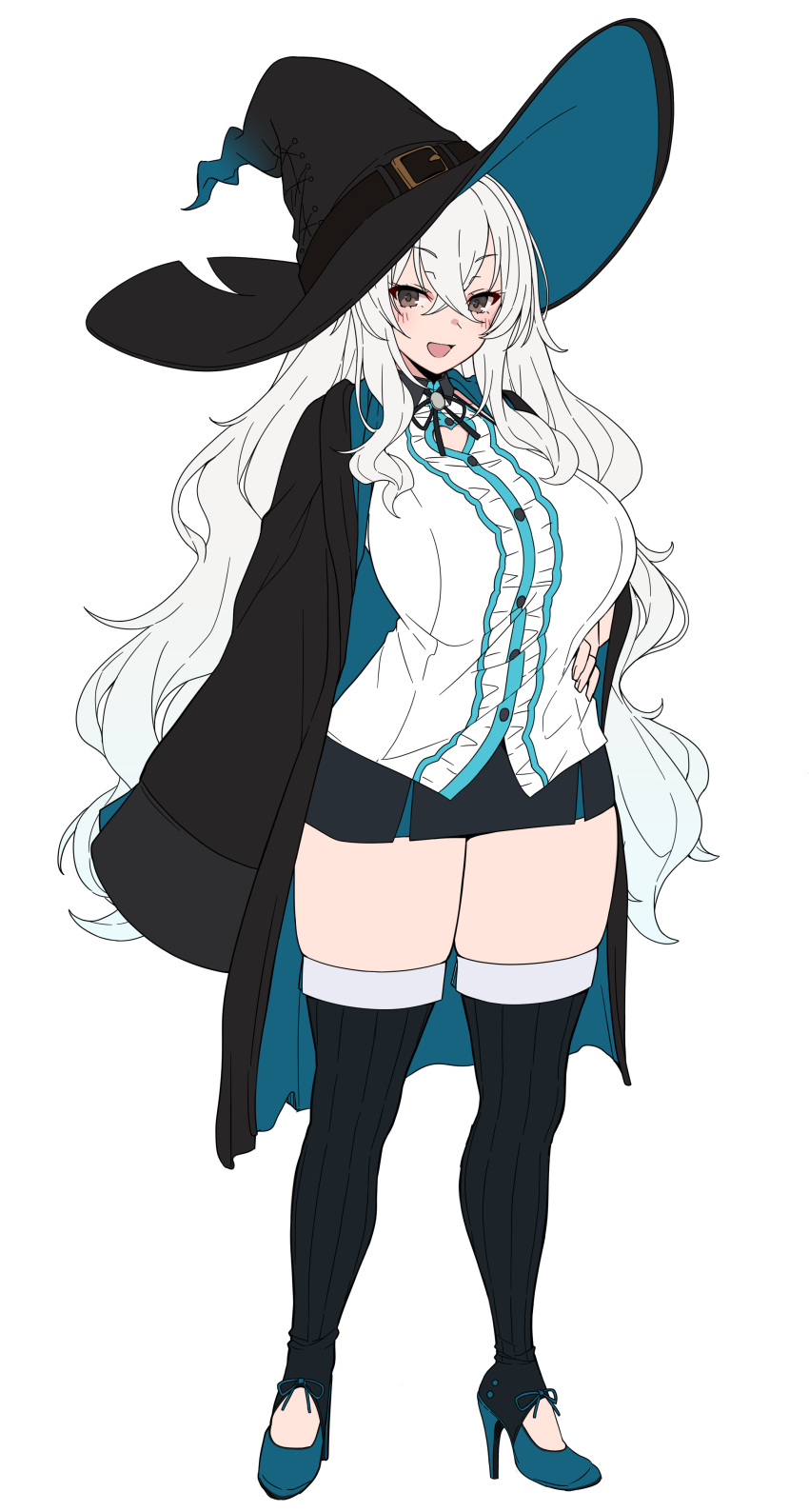1girl, :d, absurdres, bangs, black_coat, black_headwear, black_legwear, black_ribbon, black_skirt, blue_hair, blush, breasts, brown_eyes, coat, crossed_bangs, full_body, gradient_hair, hair_between_eyes, hand_on_hip, hat, hat_belt, high_heels, highres, large_breasts, long_hair, long_sleeves, looking_at_viewer, miniskirt, multicolored_hair, neck_ribbon, open_clothes, open_coat, open_mouth, original, ribbon, shirt, simple_background, skirt, sleeves_past_fingers, sleeves_past_wrists, smile, solo, suruga_(xsurugax), thigh-highs, two-sided_coat, two-sided_fabric, two-sided_headwear, very_long_hair, white_background, white_shirt, witch, witch_hat, zettai_ryouiki