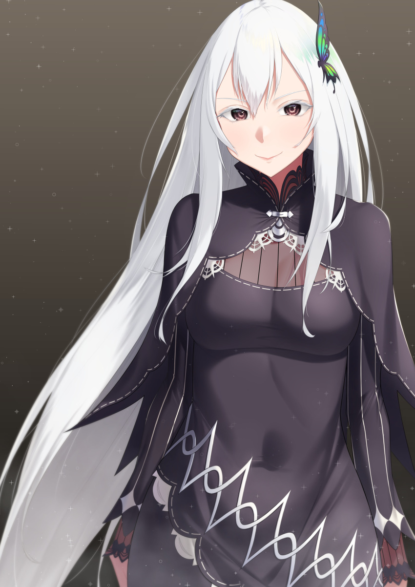 1girl, absurdres, arms_at_sides, bangs, black_capelet, black_dress, breasts, butterfly_hair_ornament